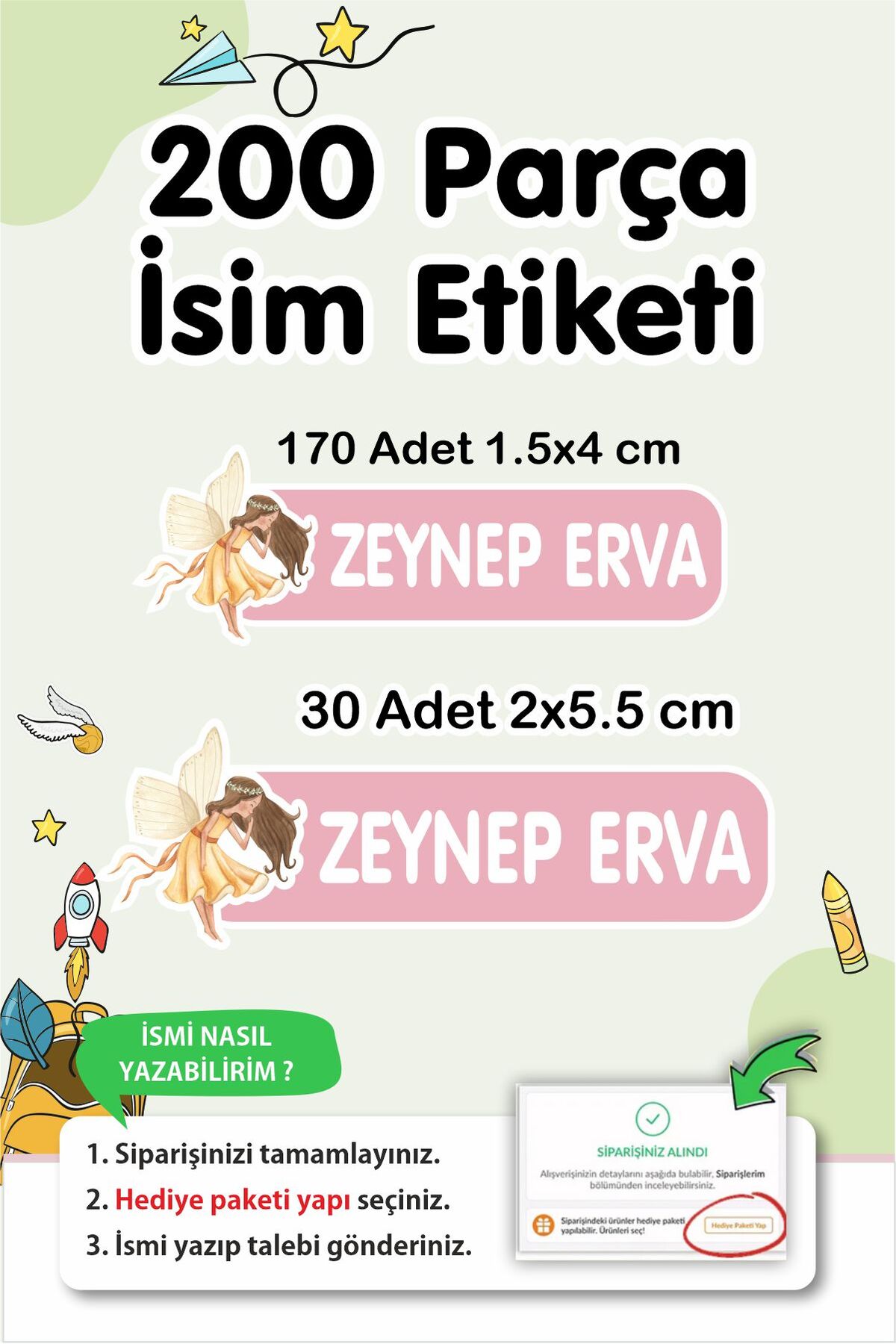Okul Etiketi Kalem Defter isimli Etiket Isim Yazılabilen Peri - 200 Adet Etiket