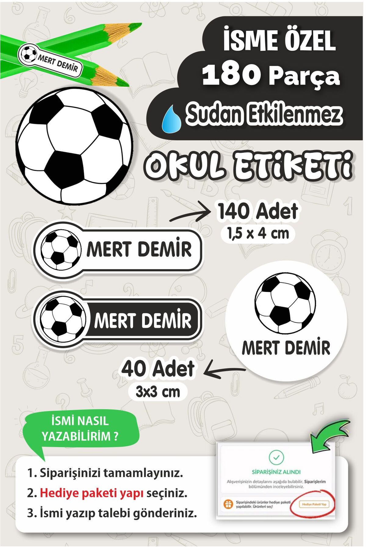 Okul Etiketi Kalem Defter isimli Etiket Isim Yazılabilen Siyah Beyaz Futbol - 180 Adet Özel Yeni Tasarım