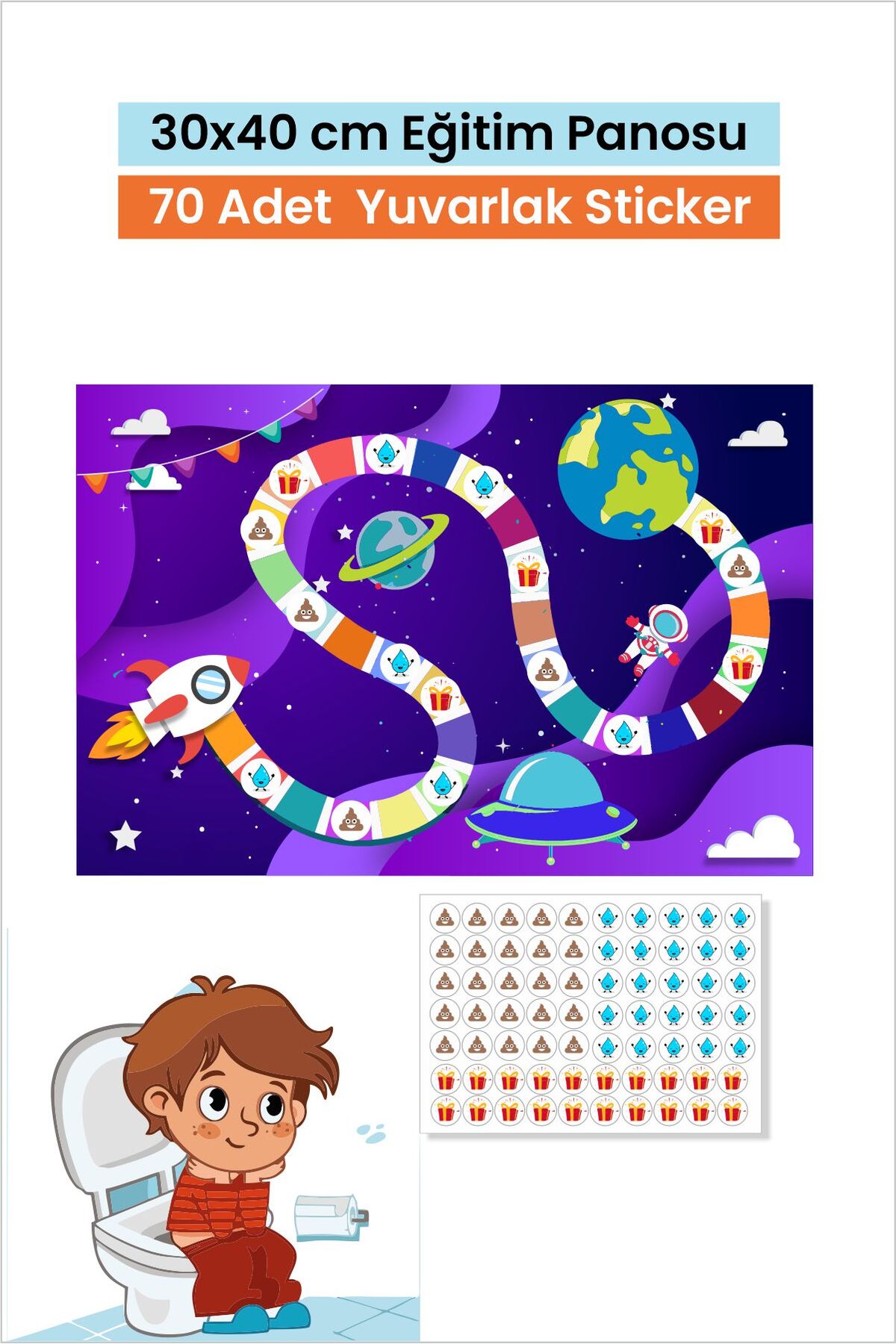 Uzay Temalı Eğlenceli ve Eğitici Tuvalet Eğitimi Sticker Panosu 30x40 cm