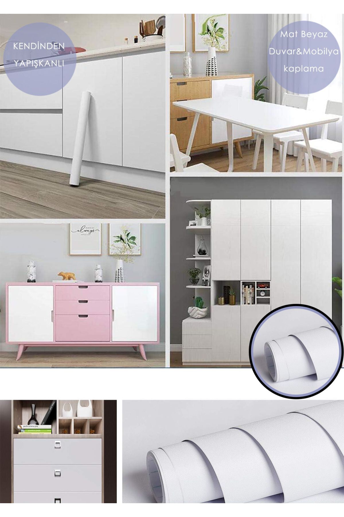 Mat Beyaz Yapışkanlı Folyo Mobilya, Dolap , Masa ve Duvar Kaplama Folyosu - 60x100 cm
