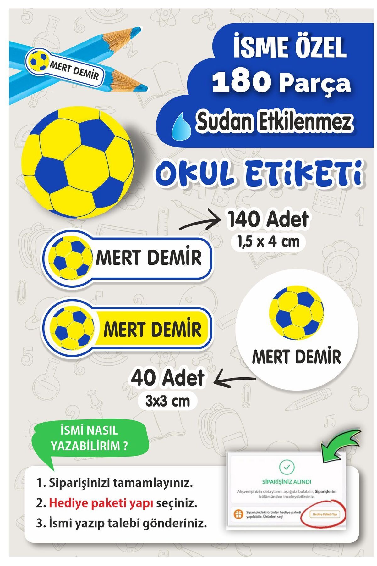 Okul Etiketi Kalem Defter isimli Etiket Isim Yazılabilen Lacivert Sarı Futbol - 180 Adet Özel Yeni Tasarım