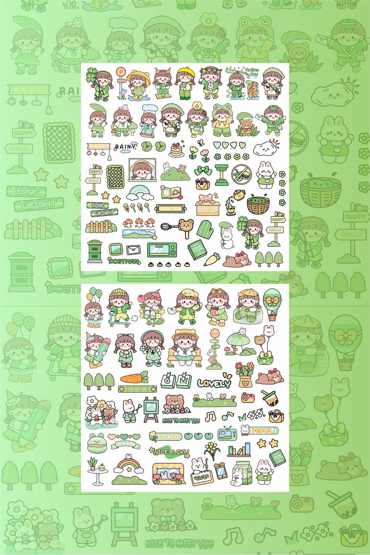 Yeşil Renk 110 Adet Çıkartma Sticker Seti - Kalem, Laptop Defter Suluk Sticker