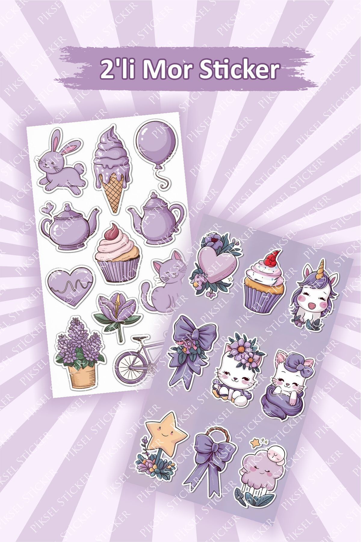 Mor Sevimli 2'li Çıkartma Sticker Seti 10x15 cm - Laptop, Defter, Planlayıcı, Ajanda Sticker