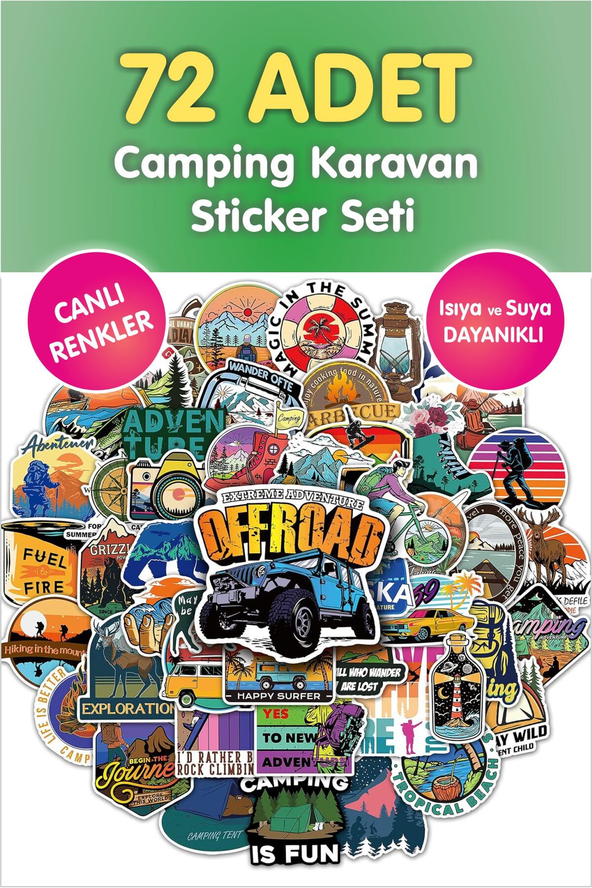 Camping Karavan 72 Adet Çıkartma Sticker Seti - Laptop, Defter,  Sticker, Termos Sticker