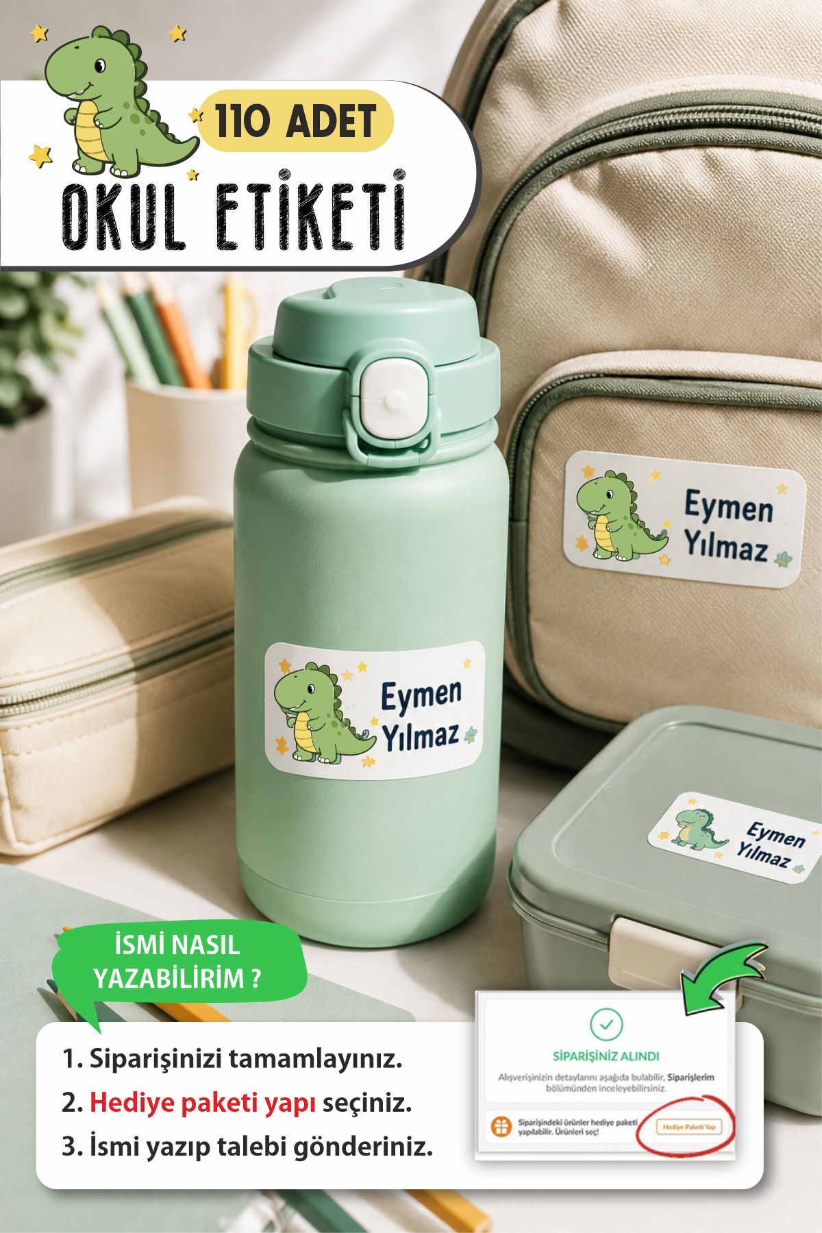 Okul Etiketi Kalem Defter isimli Etiket Isim Yazılabilen Sevimli Dinazor - 110 Adet Özel Yeni Tasarım