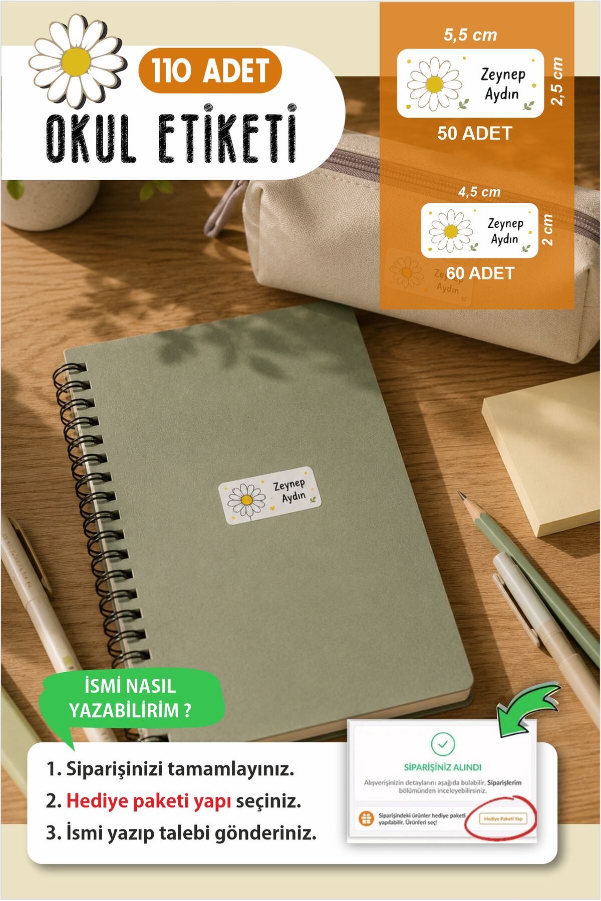 Okul Etiketi Kalem Defter isimli Etiket Isim Yazılabilen Papatya Desenli - 110 Adet Özel Yeni Tasarım