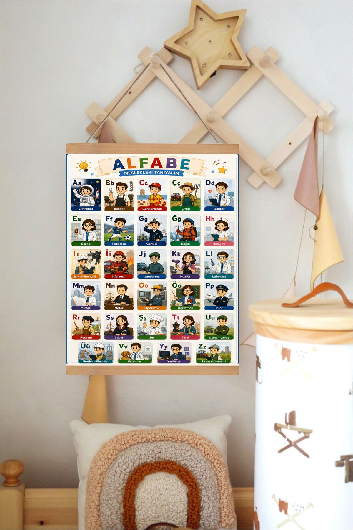 Mesleklerle Alfabe , Türkçe İpli Askılı Kanvas Poster Tablo Çocuk Odası Duvar Dekoru
