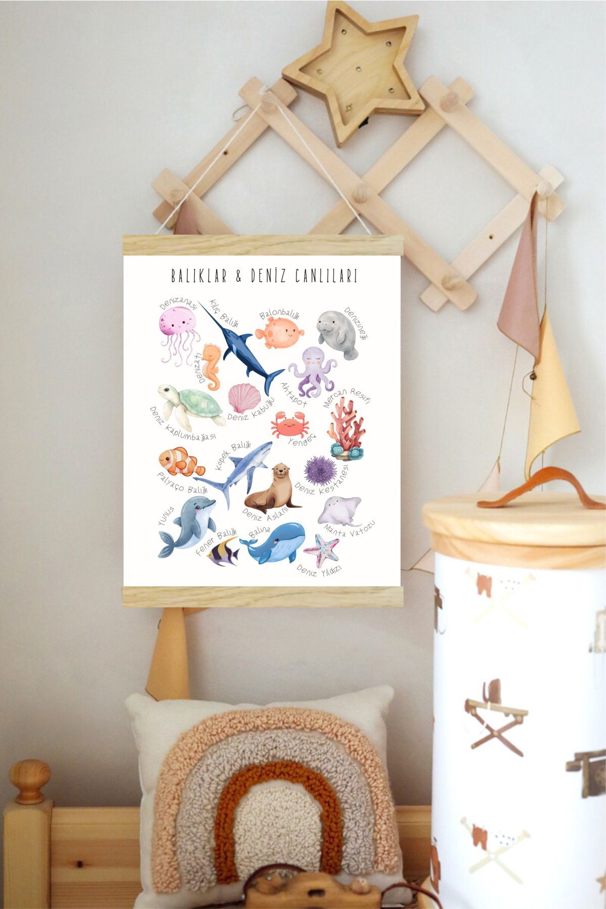 Deniz Canlıları Askılı Kanvas Poster - Bebek Çocuk Odası Resim Poster 30x40 cm