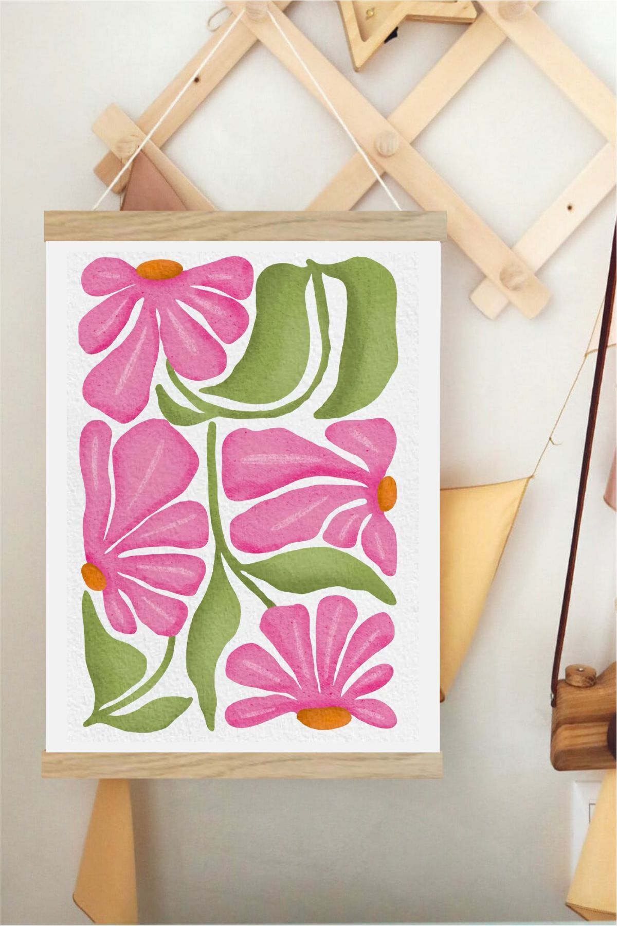 Pink Flower Design Askılı Kanvas Poster - Bebek Çocuk Odası Resim Poster 30x40 cm
