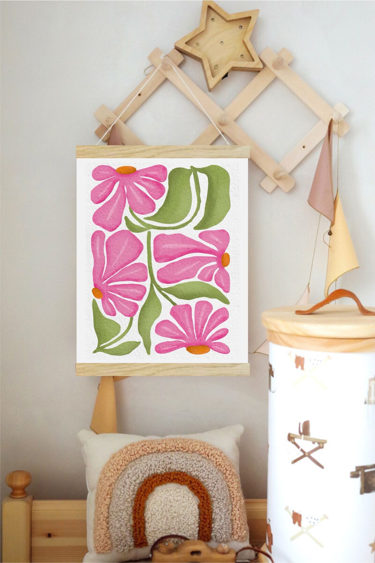 Pink Flower Design Askılı Kanvas Poster - Bebek Çocuk Odası Resim Poster 30x40 cm