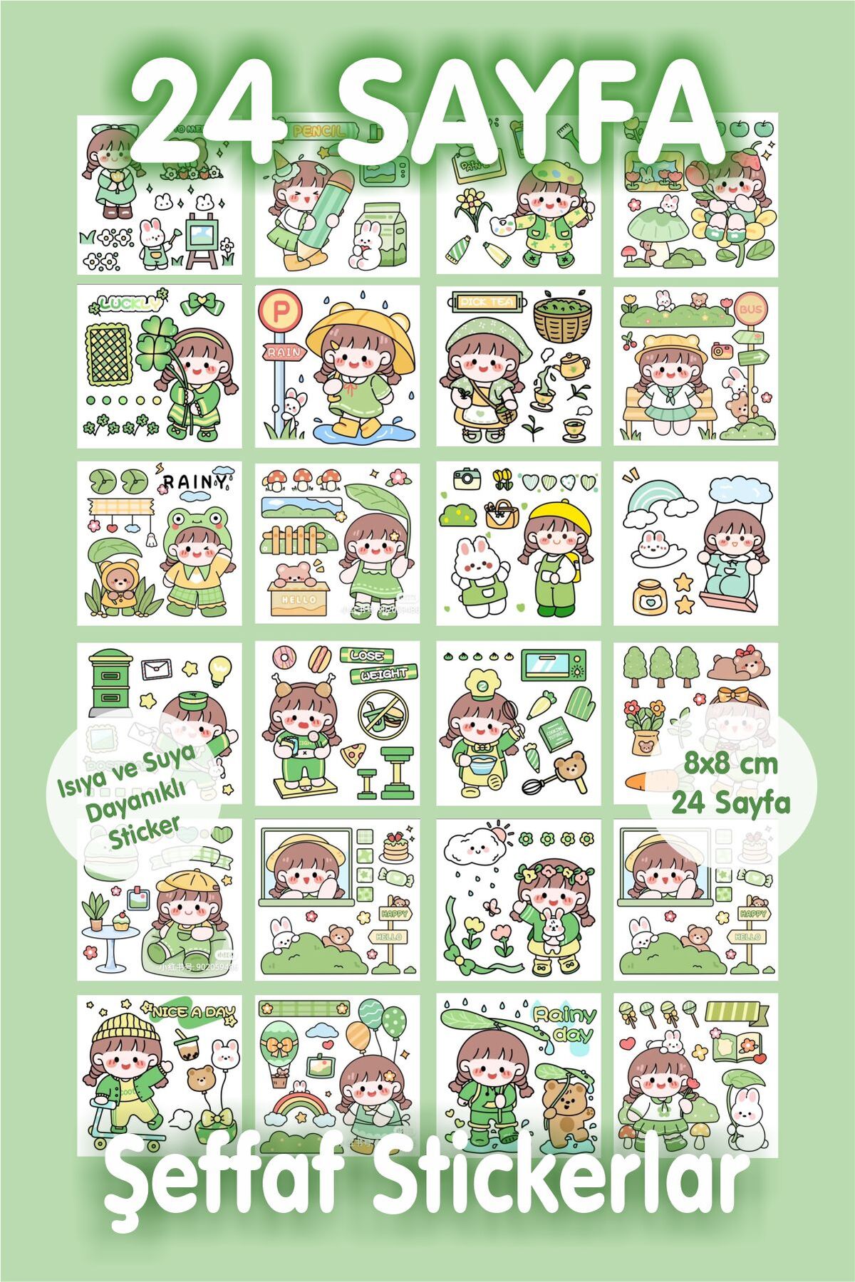 24 Sayfa Sevimli Şeffaf Suya Dayanıklı Sticker Seti- Yeşil Set