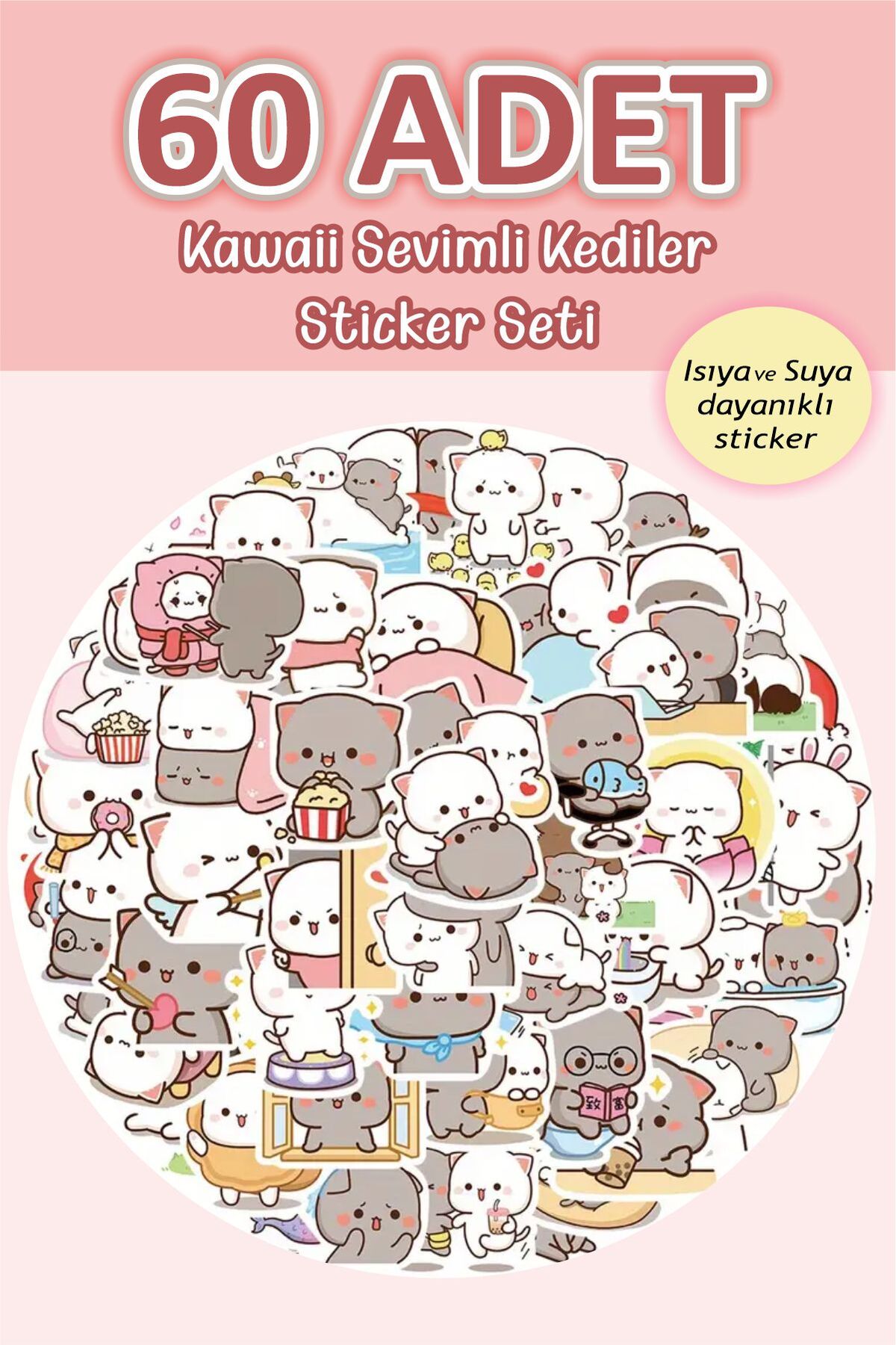 Kediler Anime Suya Dayanıklı Sticker Seti 60 Adet - Planlayıcı Laptop Telefon Defter Etiketi