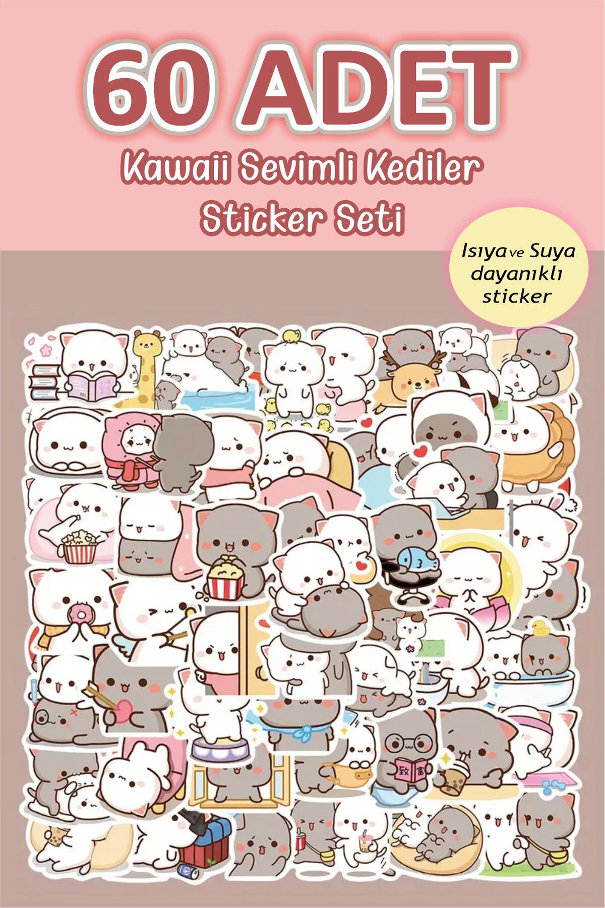 Kediler Anime Suya Dayanıklı Sticker Seti 60 Adet - Planlayıcı Laptop Telefon Defter Etiketi