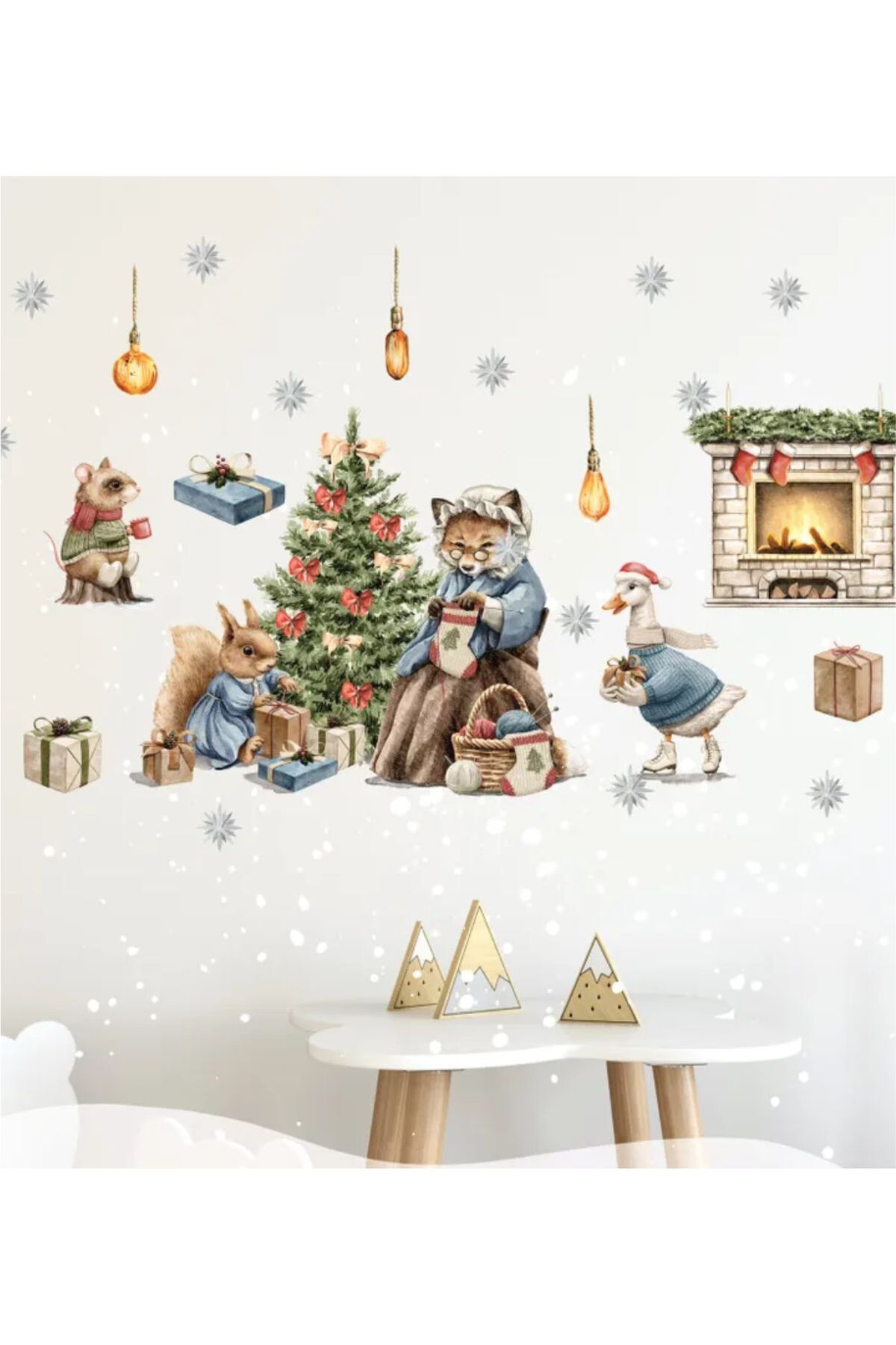 Yeni Yıl Masalı, Sevimli Yılbaşı Figürleri Sticker Seti, Kış Yılbaşı Süsü Sticker Cam Duvar Sticker
