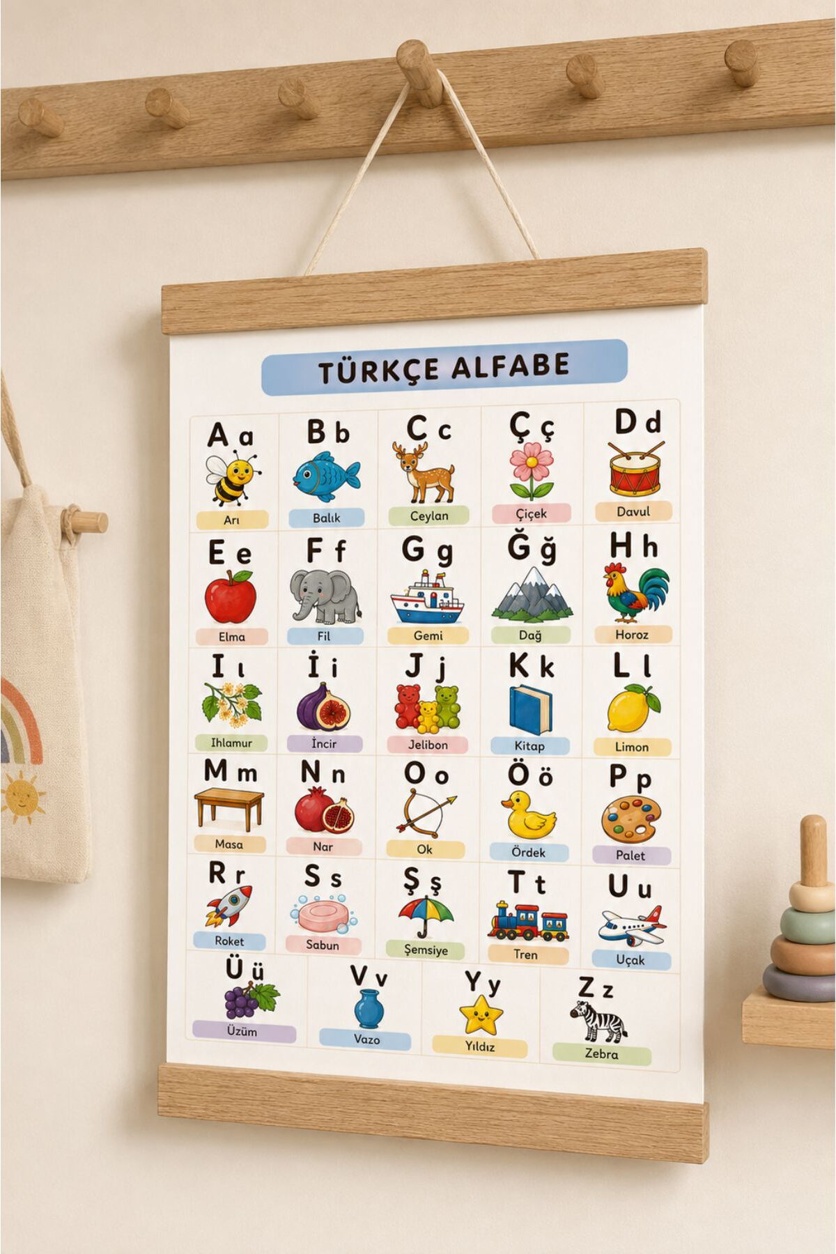 Alfabeyi Öğreniyorum, Renkli Alfabe, Türkçe İpli Askılı Kanvas Poster Tablo Çocuk Odası Duvar Dekoru