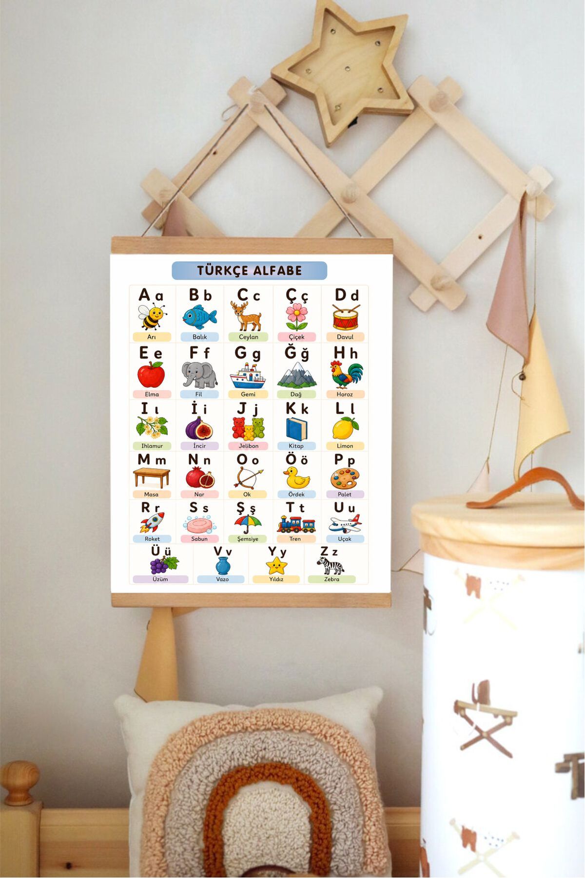 Alfabeyi Öğreniyorum, Renkli Alfabe, Türkçe İpli Askılı Kanvas Poster Tablo Çocuk Odası Duvar Dekoru