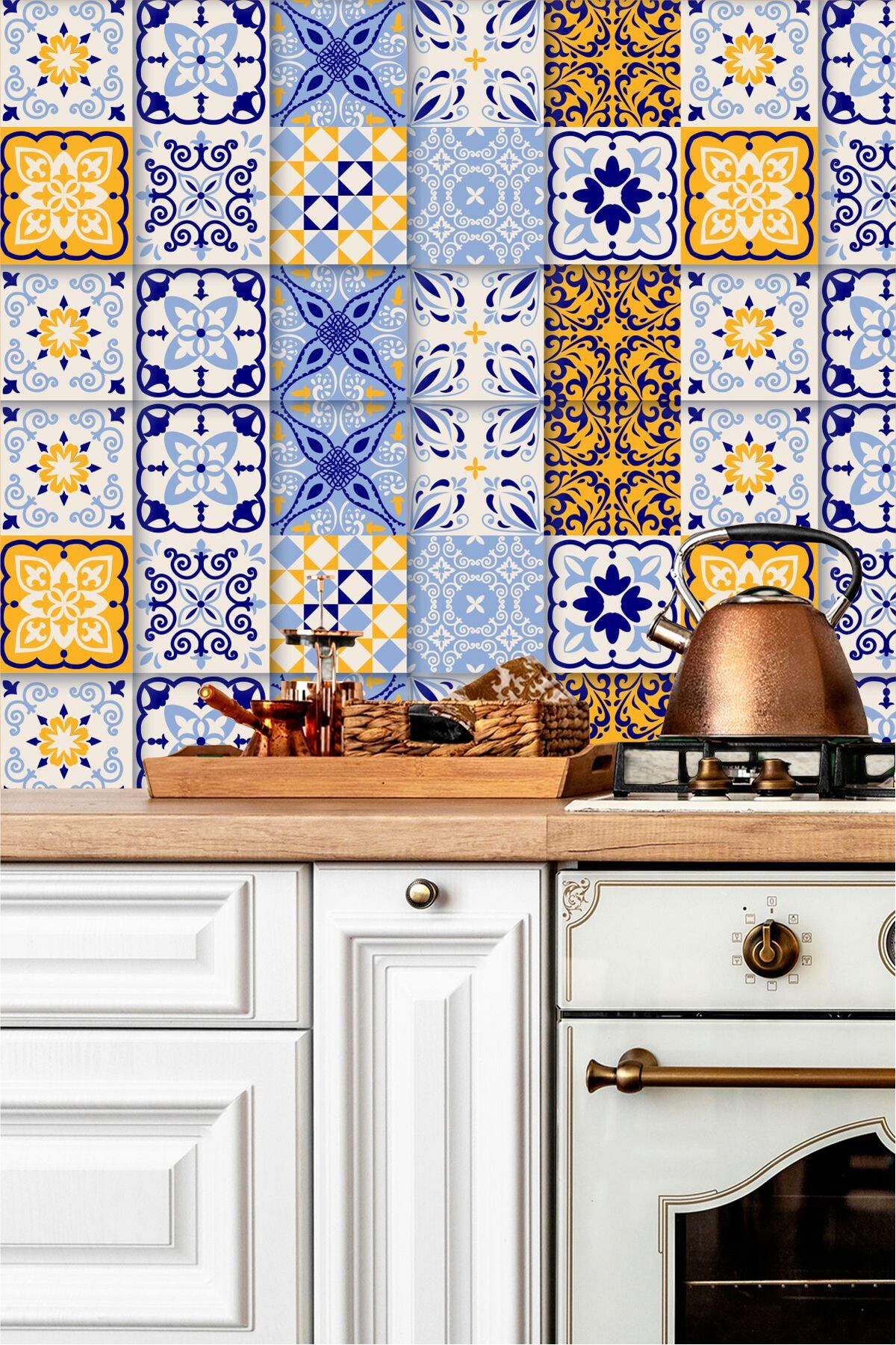 Patchwork Mavi Sarı Fayans Sticker – Kendinden Yapışkanlı Mutfak Tezgah Arası Kaplama 100x60 cm