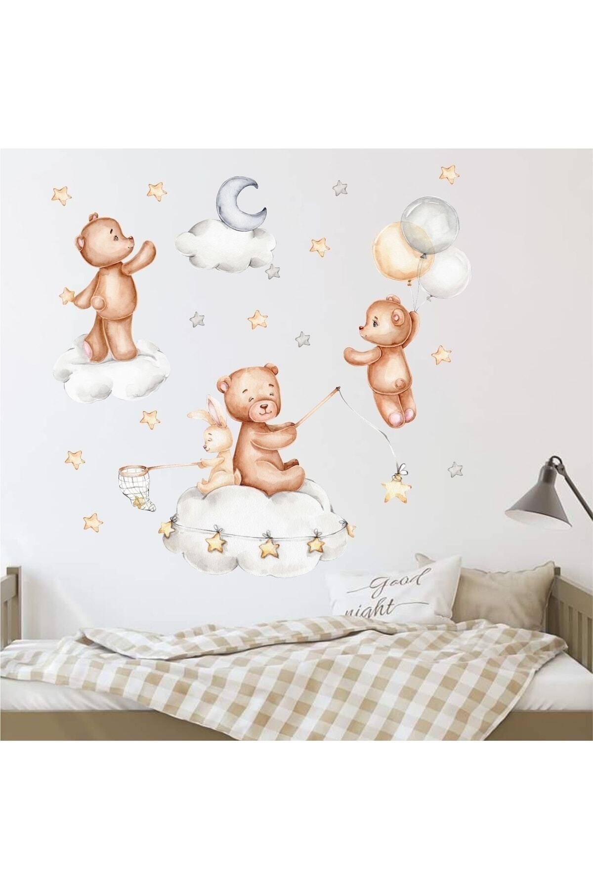 Sevimli Ayıcıkların Yıldız Toplama Oyunu Çocuk Odası Duvar Sticker