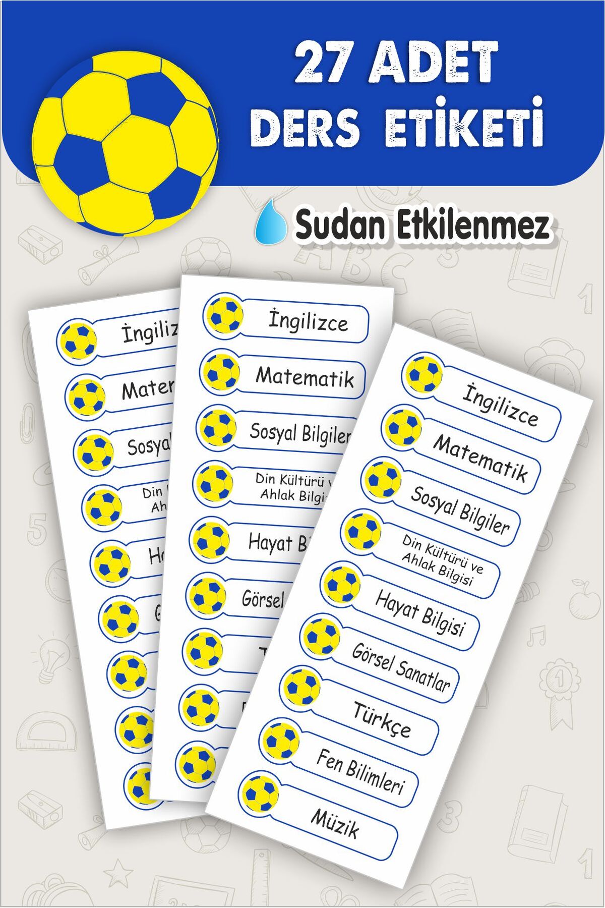 Okul Ders Etiketi Sarı Lacivert Top Temalı 27 Adet 8 Cm Okul Ders Etiketi