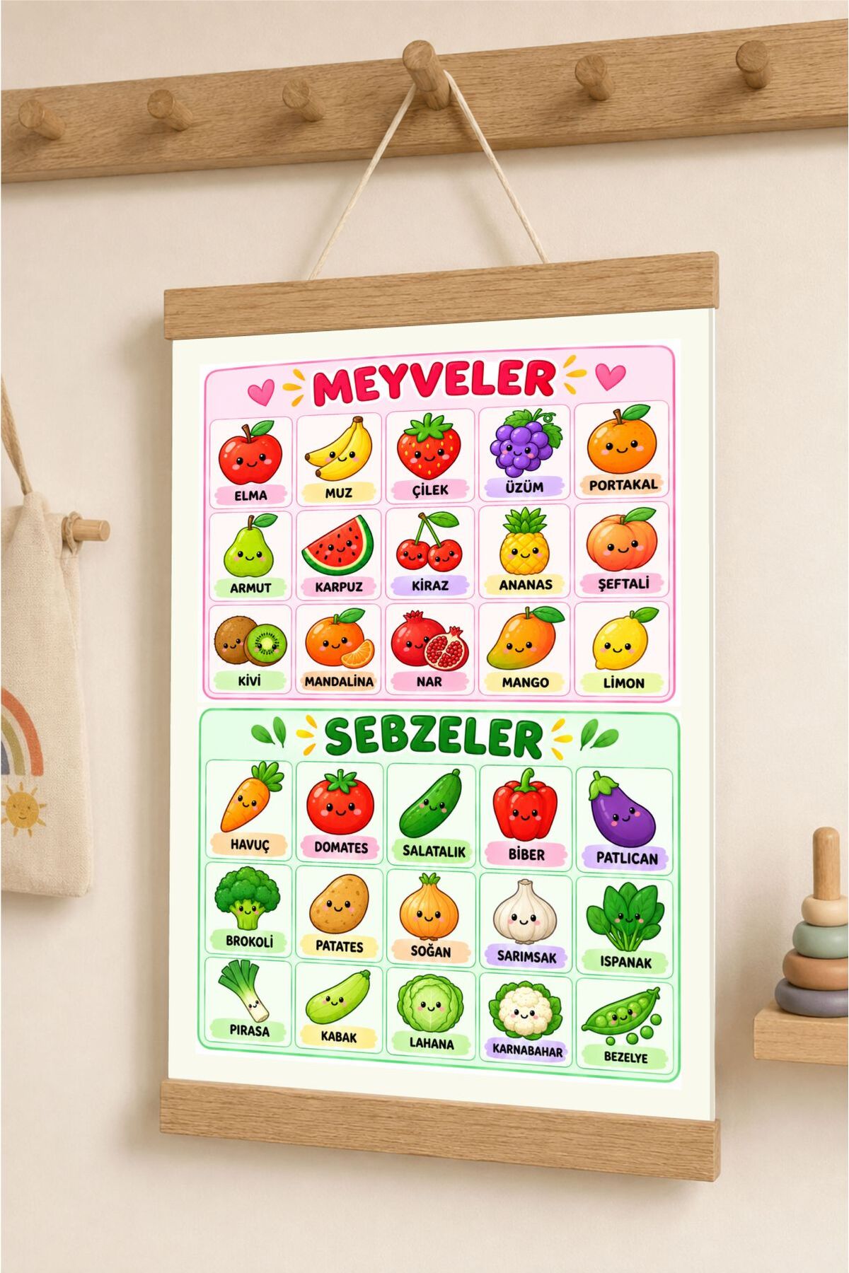 Meyve ve Sebzeler Türkçe İpli Askılı Kanvas Poster Tablo Çocuk Odası Duvar Dekoru