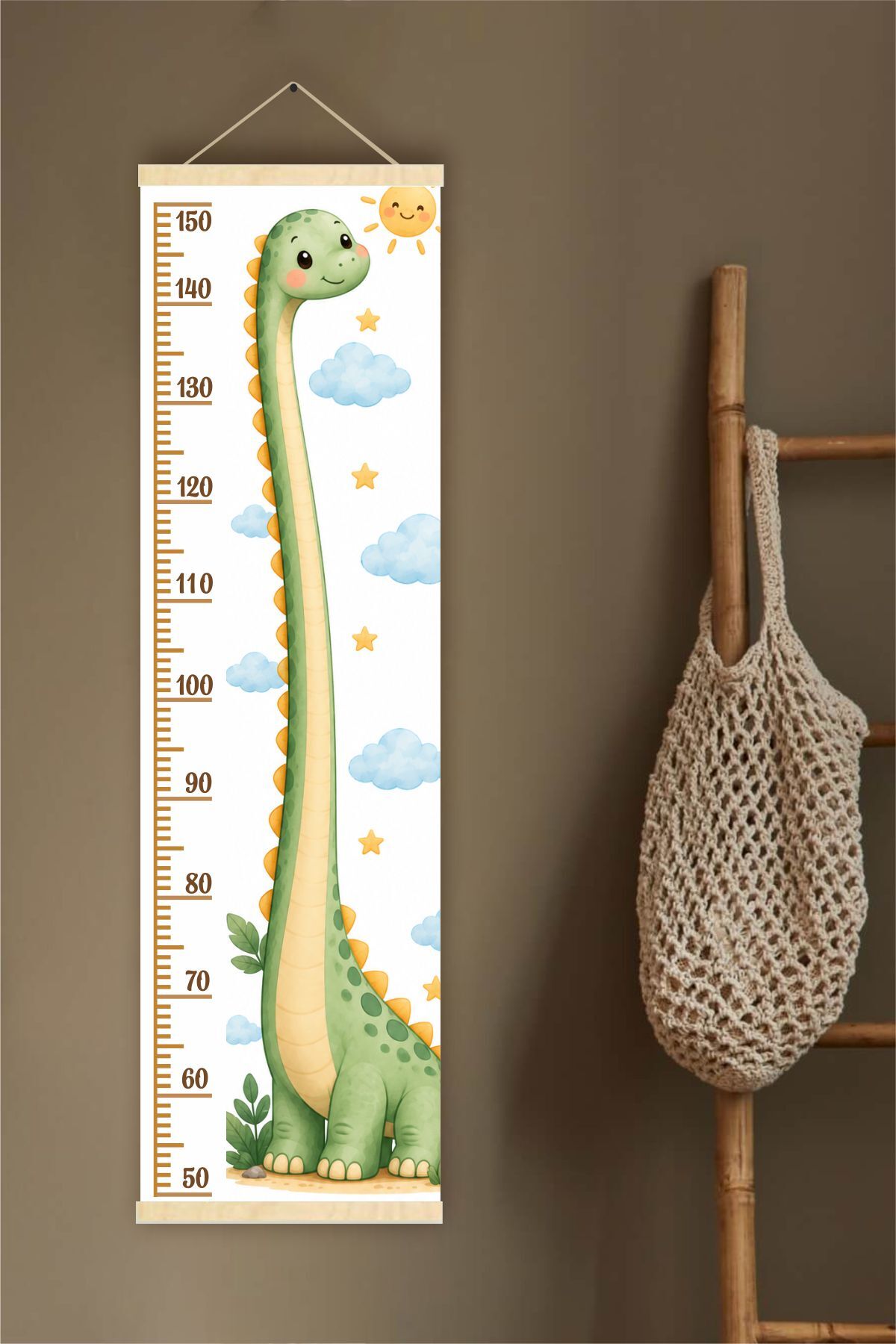 Dinozor Temalı Askılı Kanvas Boy Ölçer - Çocuk Odası Boy Metresi