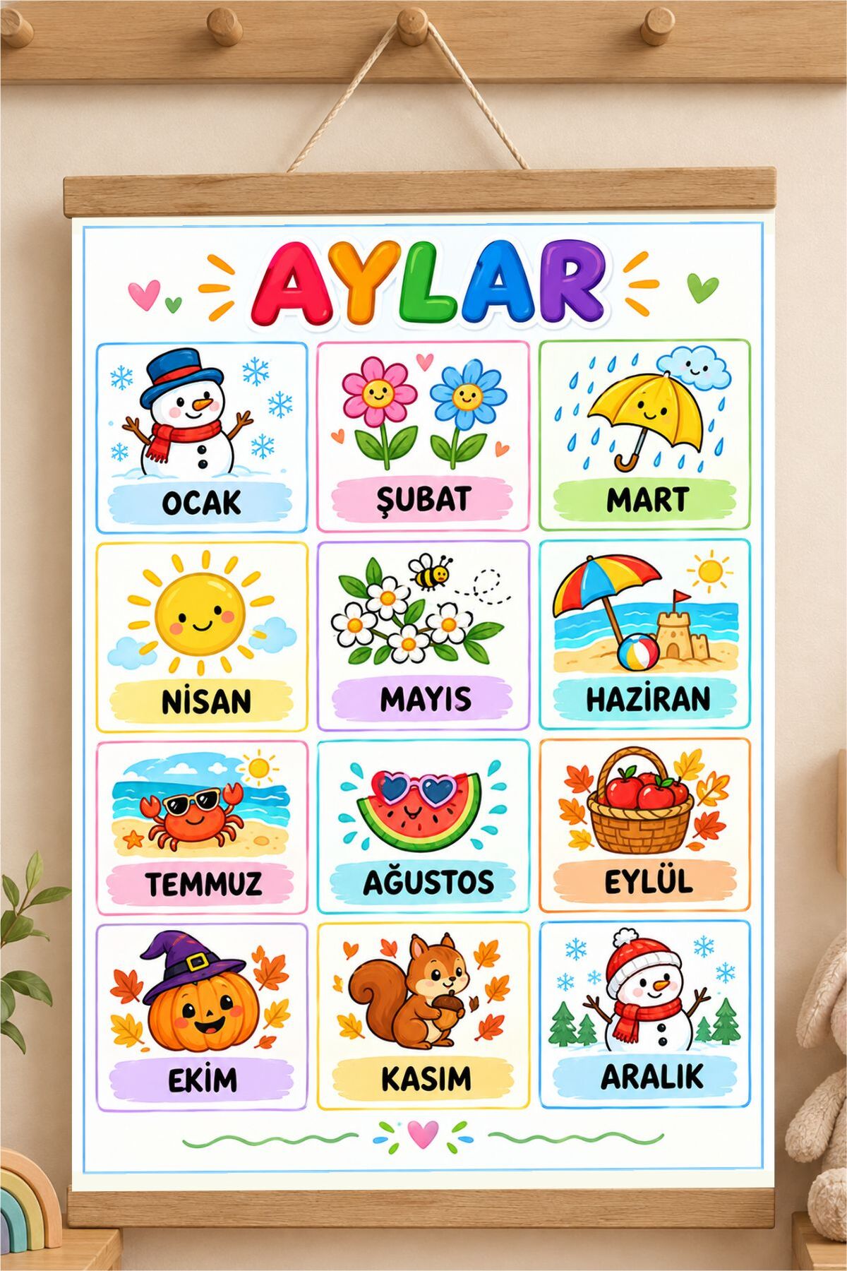 Aylar Türkçe İpli Askılı Kanvas Poster Tablo Çocuk Odası Duvar Dekoru