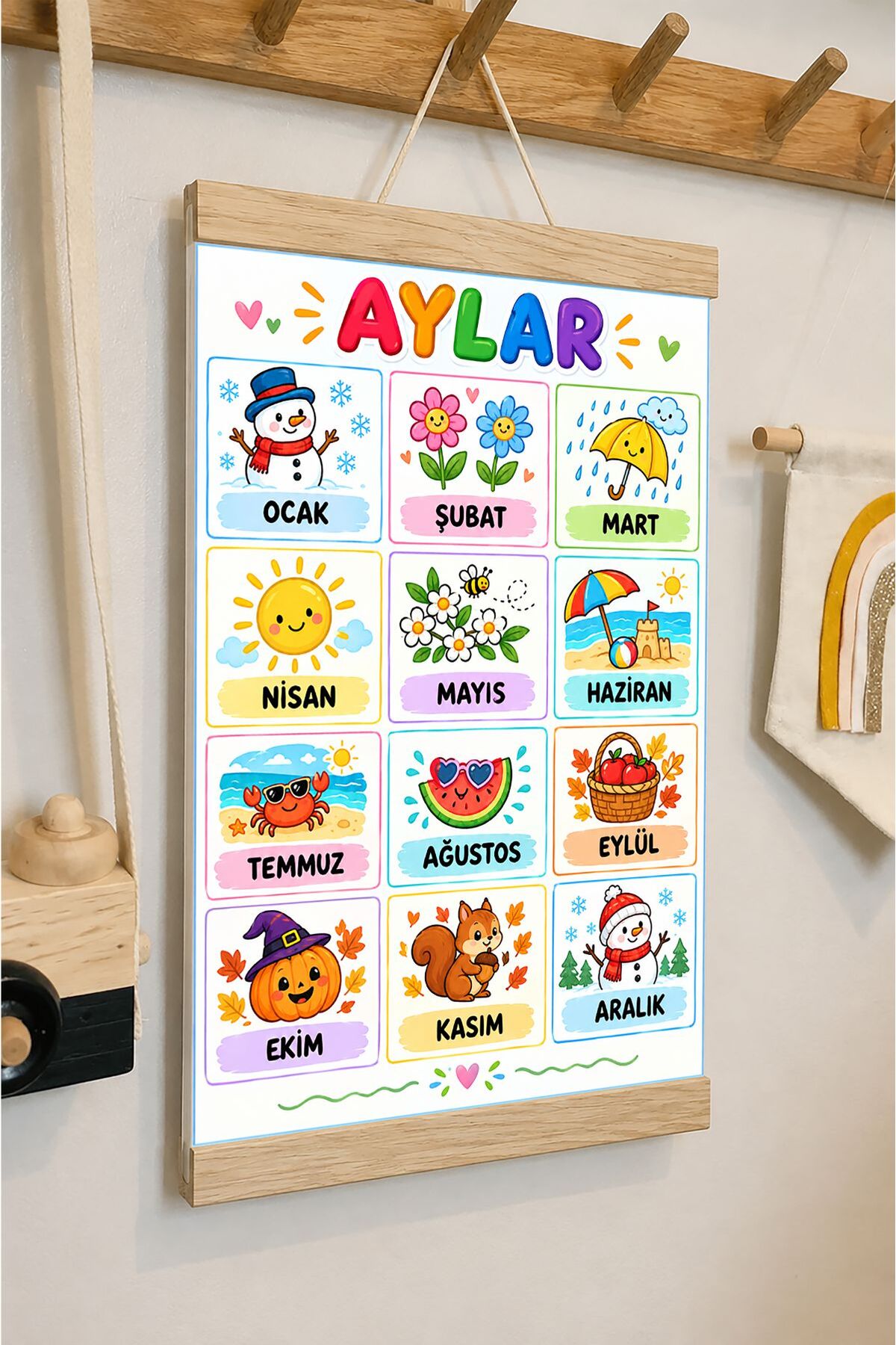 Aylar Türkçe İpli Askılı Kanvas Poster Tablo Çocuk Odası Duvar Dekoru