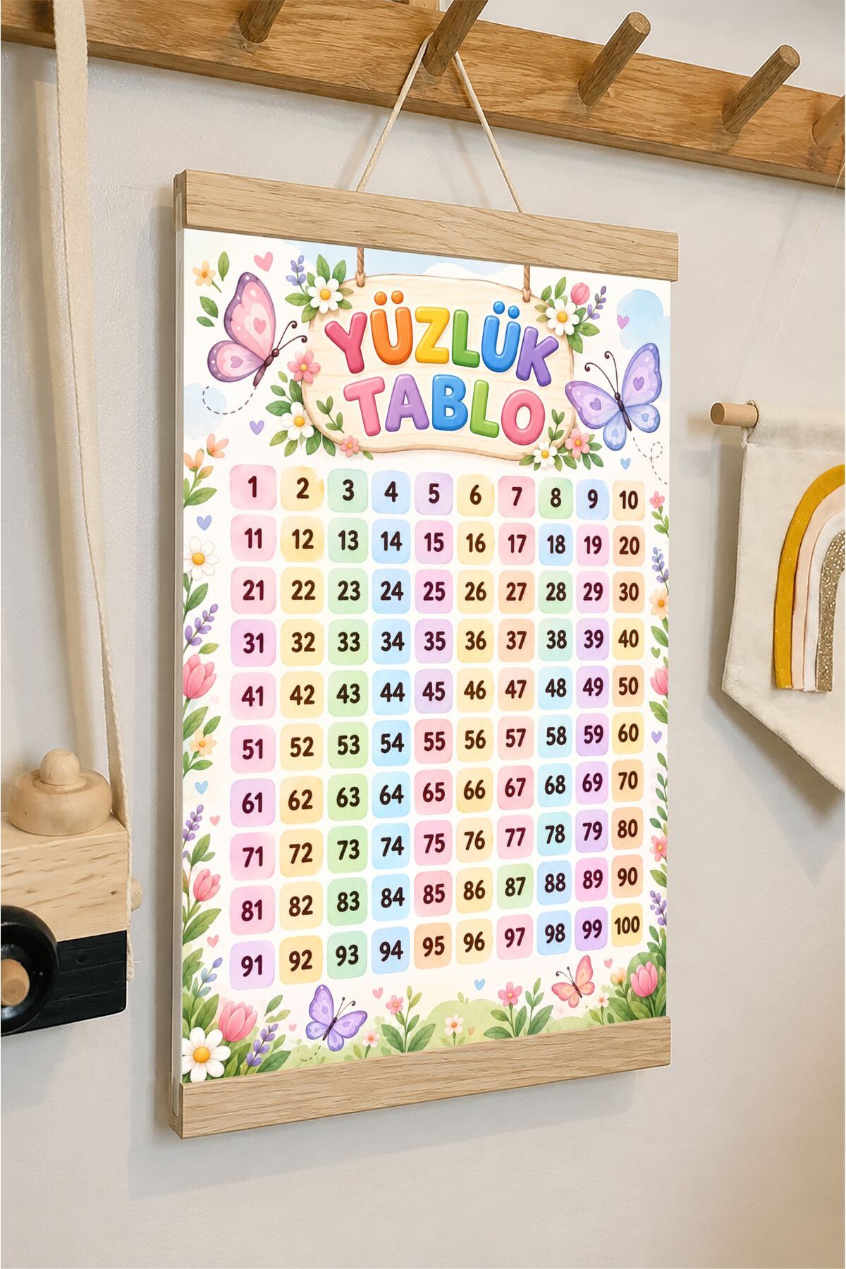 Yüzlük Tablo Kelebekli Çiçekli Tasarım - İpli Askılı Kanvas Poster Tablo Çocuk Odası Duvar Dekoru