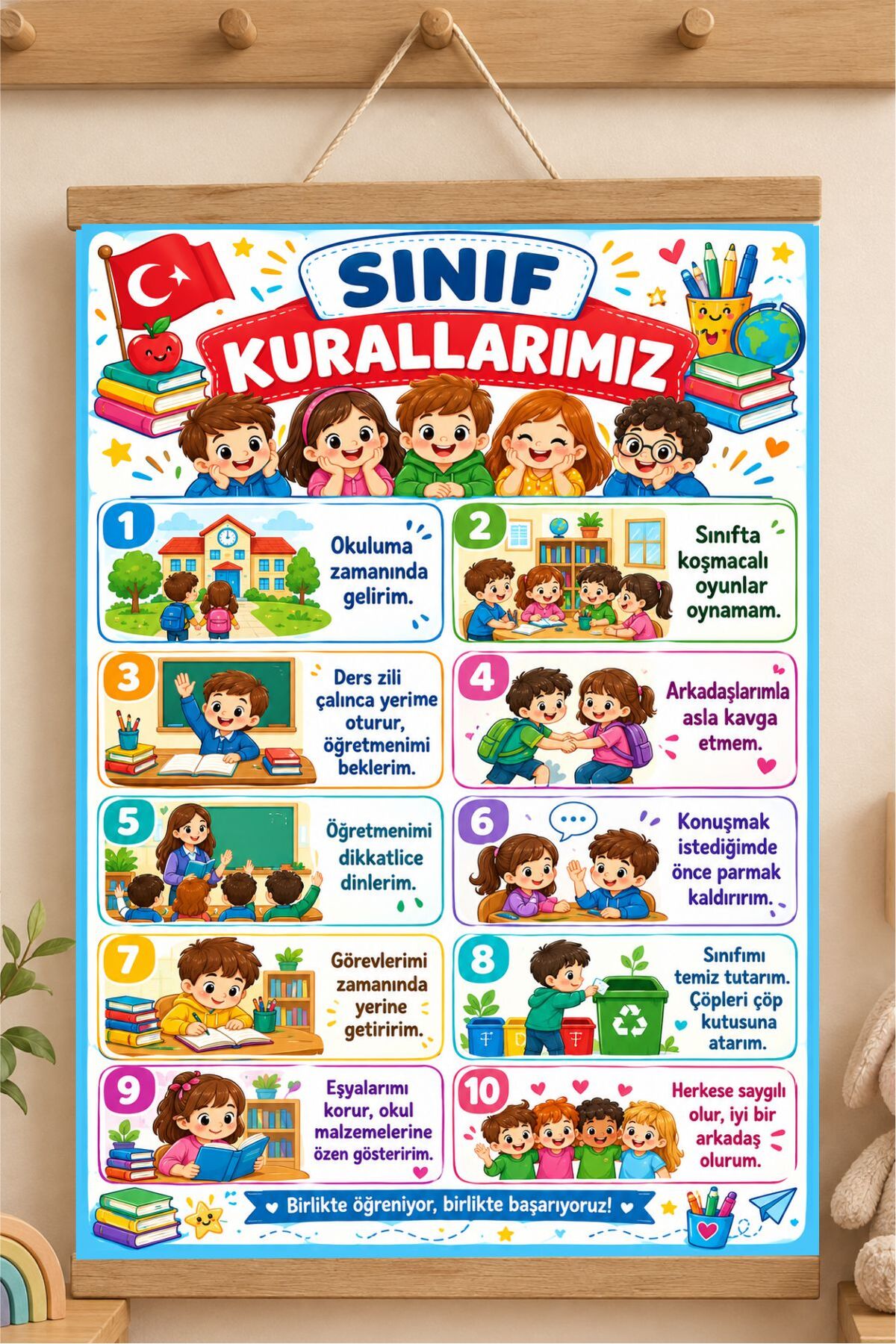 Sınıf Kuralları İpli Askılı Kanvas Poster - 10 Maddelik Eğitici İlkokul ve Anaokul Poster Baskı Askılı