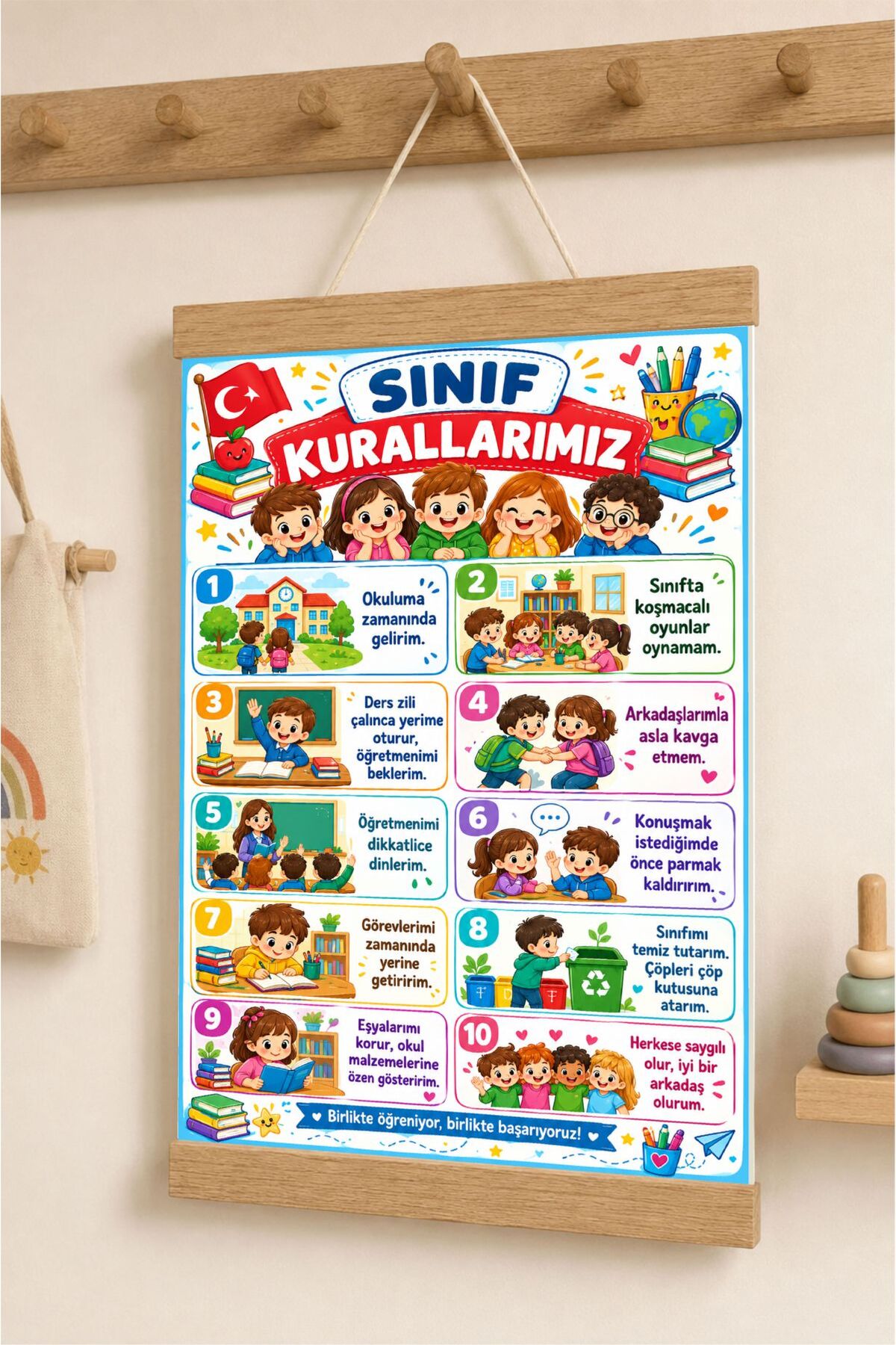 Sınıf Kuralları İpli Askılı Kanvas Poster - 10 Maddelik Eğitici İlkokul ve Anaokul Poster Baskı Askılı