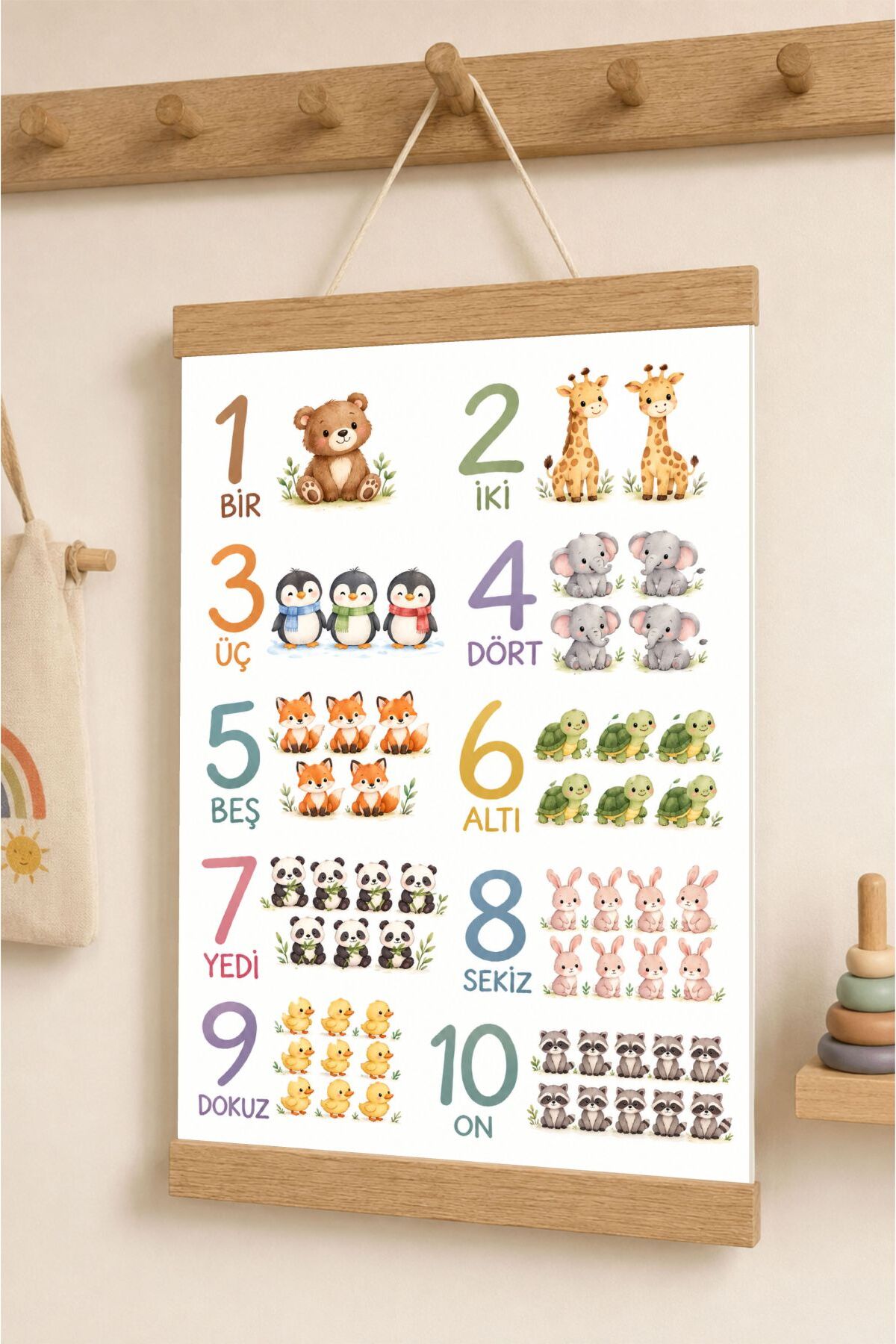 Sayıları Öğreniyorum Türkçe - Sevimli Hayvan Temalı İpli Askılı Kanvas Poster