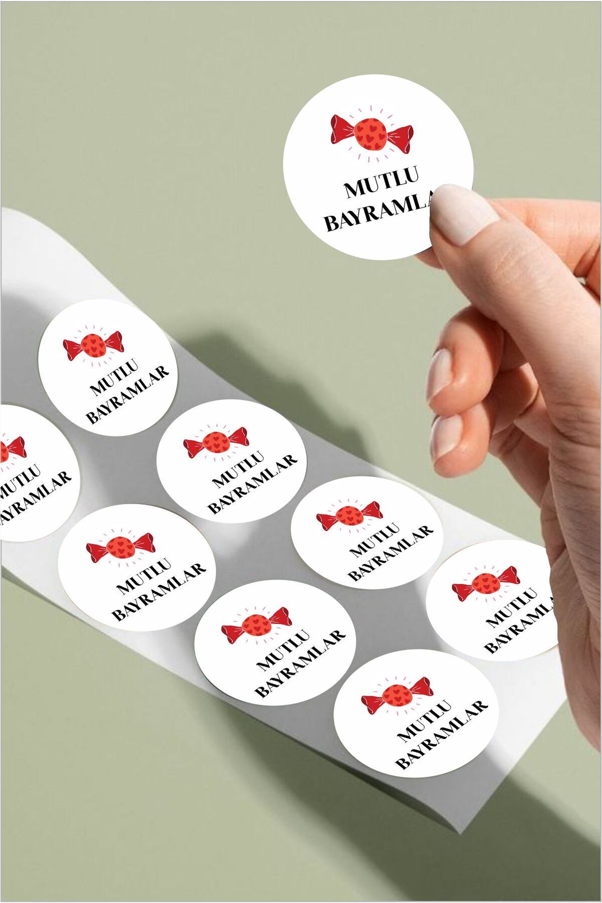 Mutlu Bayramlar Kırmızı Şeker Yuvarlak Sticker – 24 Adet Süsleme, Hediye, Paketleme Sticker