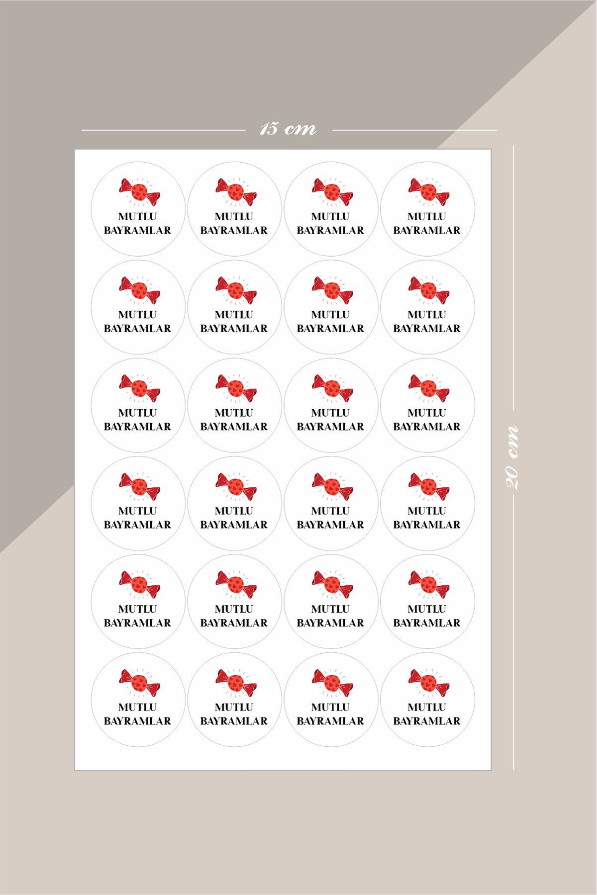 Mutlu Bayramlar Kırmızı Şeker Yuvarlak Sticker – 24 Adet Süsleme, Hediye, Paketleme Sticker