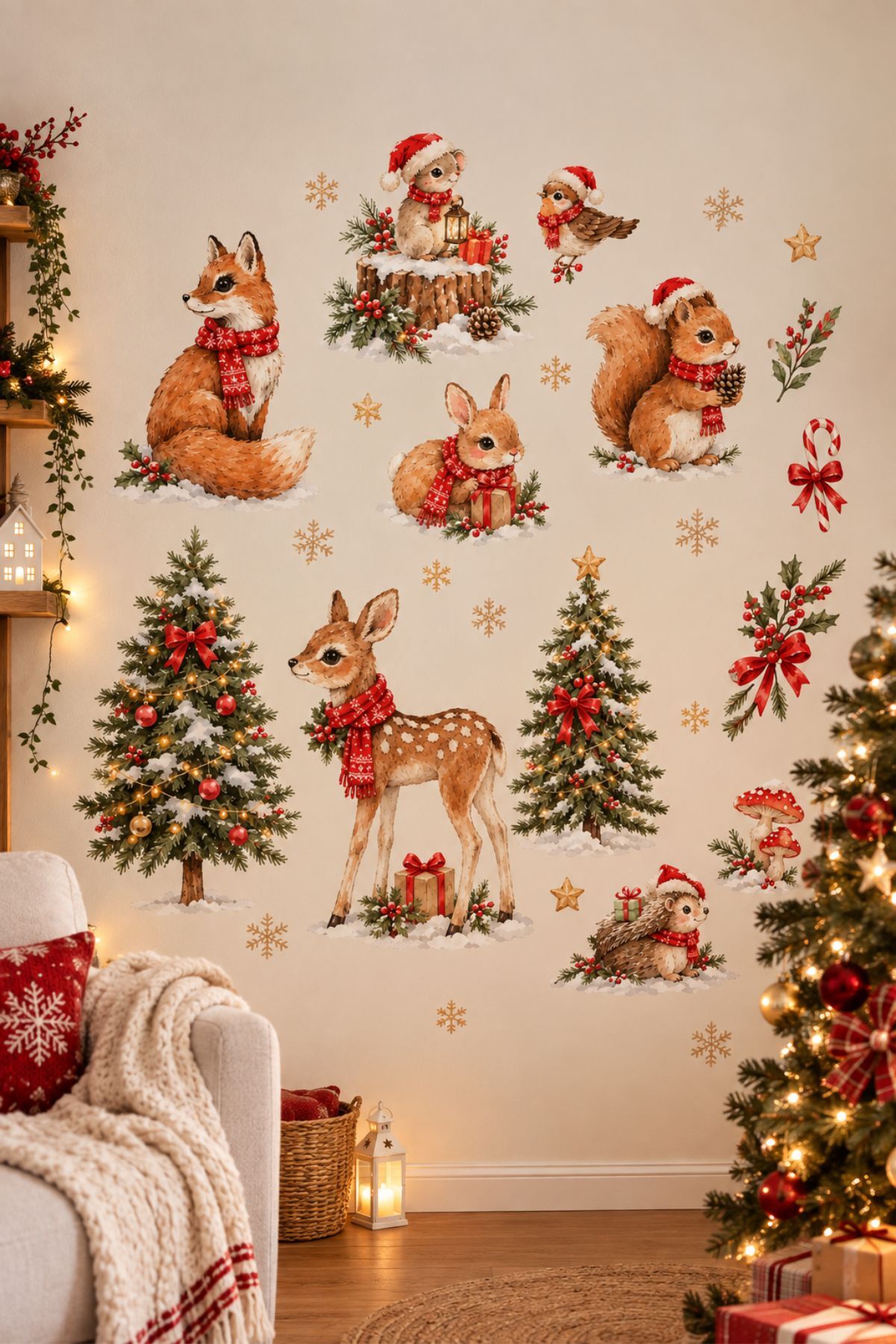 Suluboya Noel Ormanı Hayvanları Bebek ve Çcouk Odası Duvar ve Cam Sticker
