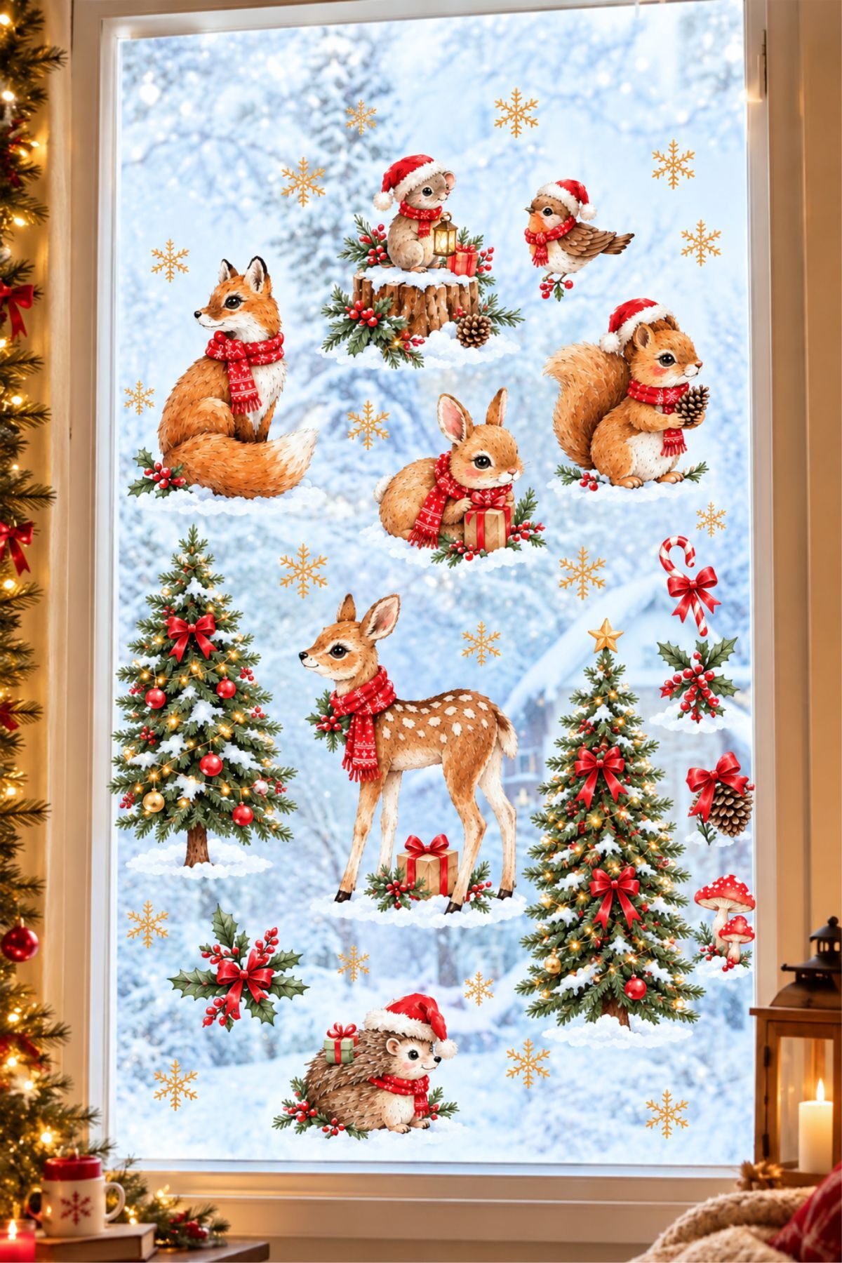Suluboya Noel Ormanı Hayvanları Bebek ve Çcouk Odası Duvar ve Cam Sticker