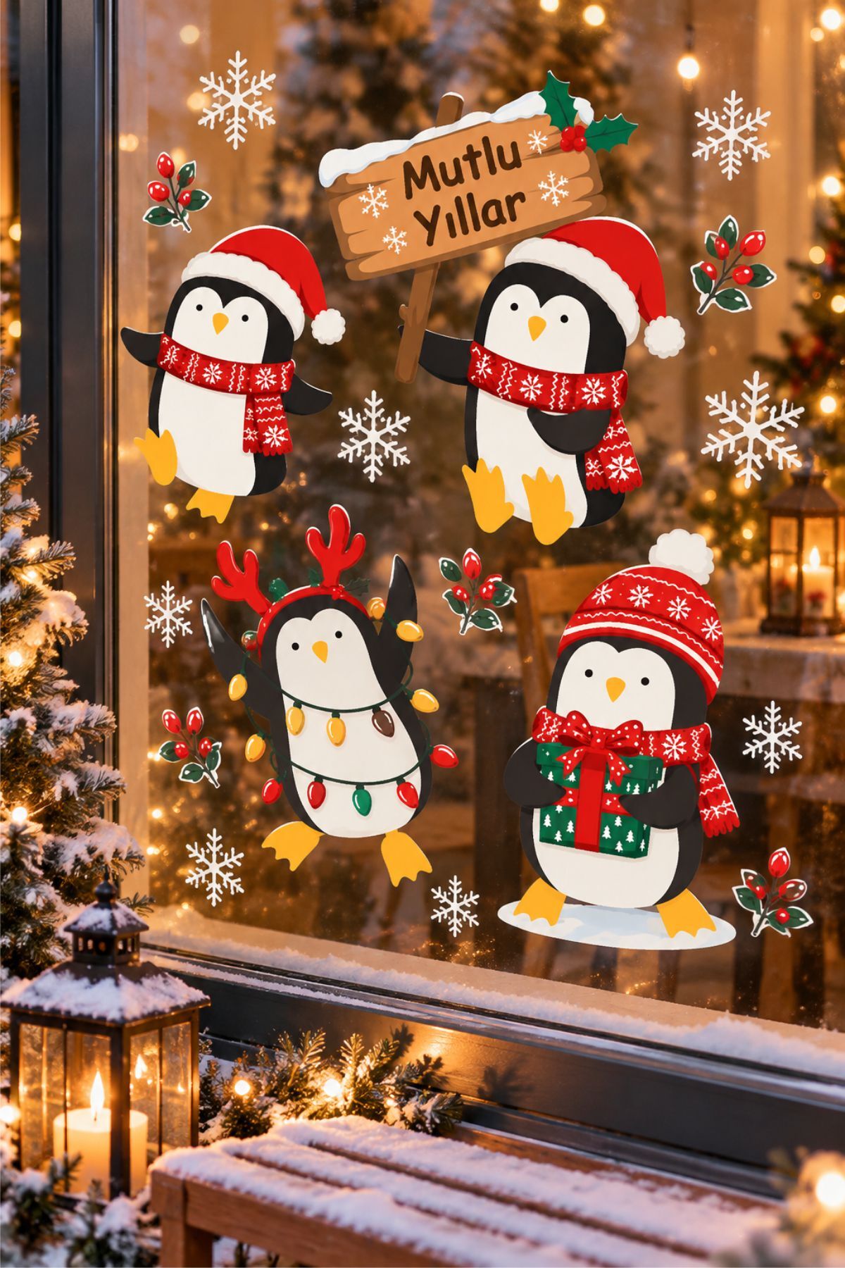 Sevimli Penguenler Yeni Yıl Tema - Bebek ve Çocuk Odası Cam ve Duvar Sticker Seti