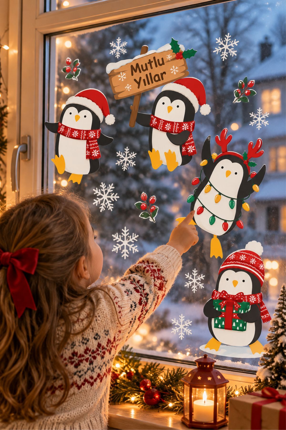 Sevimli Penguenler Yeni Yıl Tema - Bebek ve Çocuk Odası Cam ve Duvar Sticker Seti
