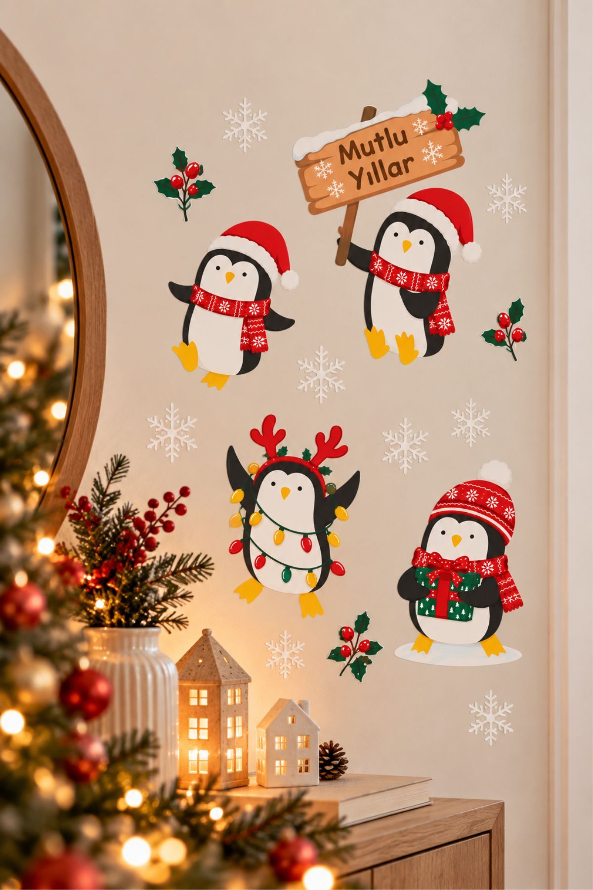 Sevimli Penguenler Yeni Yıl Tema - Bebek ve Çocuk Odası Cam ve Duvar Sticker Seti