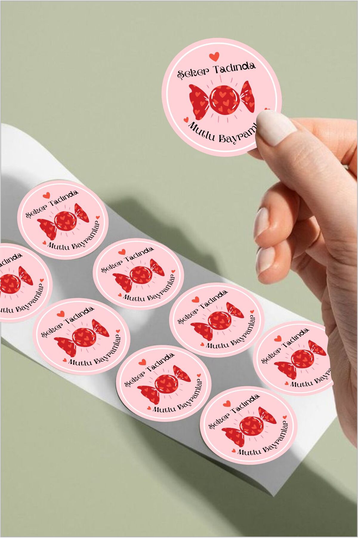 Şeker Tadında Mutlu Bayramlar Yuvarlak Sticker – 24 Adet Süsleme, Hediye, Paketleme Sticker