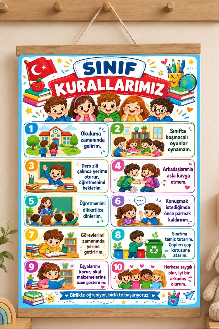 Sınıf Kuralları İpli Askılı Kanvas Poster - 10 Maddelik Eğitici İlkokul ve Anaokul Poster Baskı Askılı