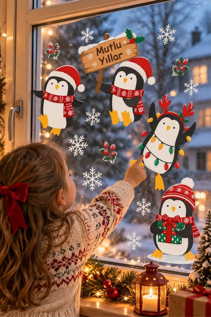 Sevimli Penguenler Yeni Yıl Tema - Bebek ve Çocuk Odası Cam ve Duvar Sticker Seti