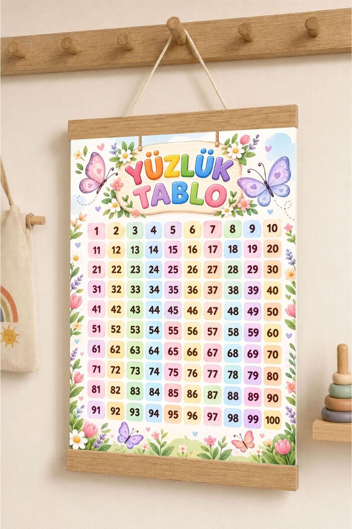 Yüzlük Tablo Kelebekli Çiçekli Tasarım - İpli Askılı Kanvas Poster Tablo Çocuk Odası Duvar Dekoru