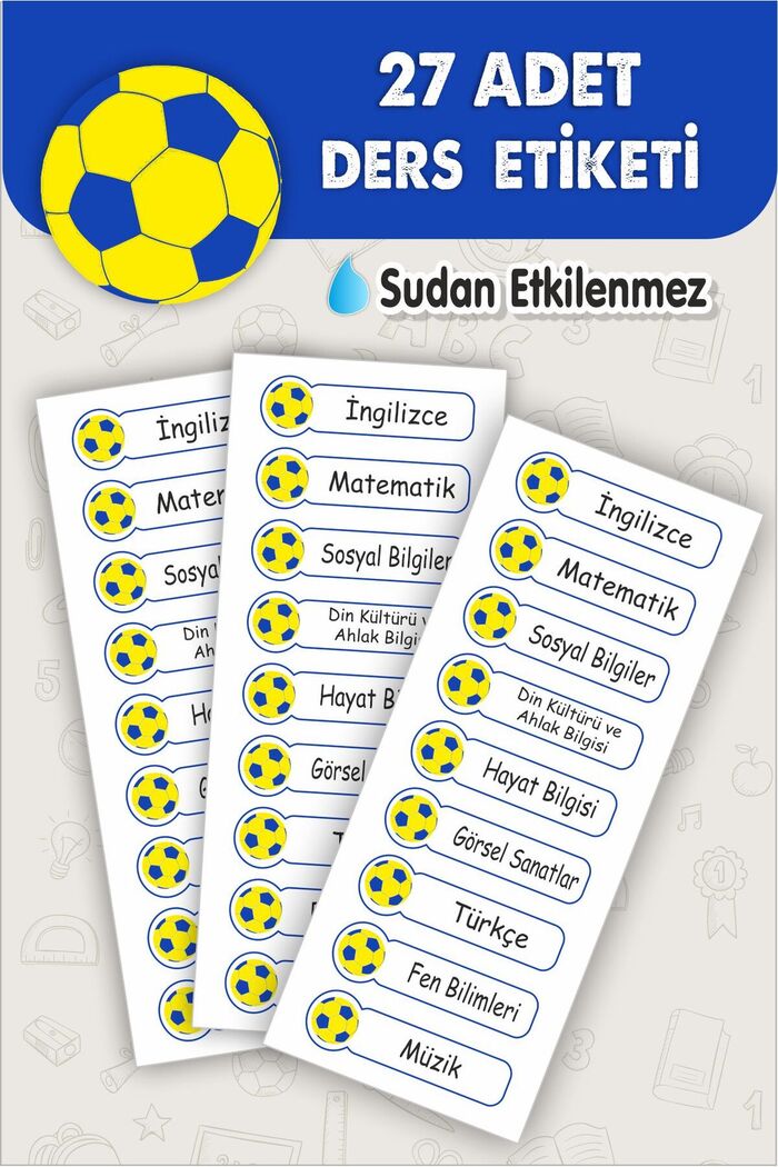Okul Ders Etiketi Sarı Lacivert Top Temalı 27 Adet 8 Cm Okul Ders Etiketi