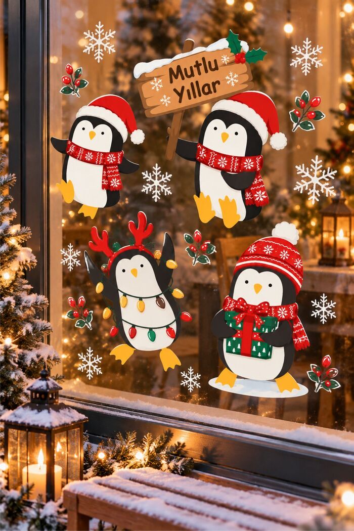 Sevimli Penguenler Yeni Yıl Tema - Bebek ve Çocuk Odası Cam ve Duvar Sticker Seti